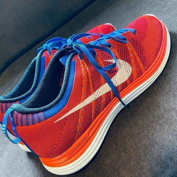 Excellent NIKE Flyknit Lunar 1 Mens 10 Red White - Picture 11 of 13